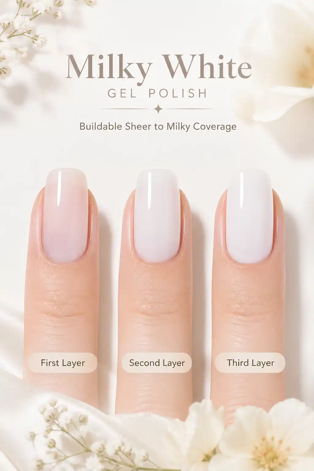 Sheer Milky White Nail Polish: Soft Translucent Nails That Never Look Chalky 7 Sheer milky white gel polish layer guide showing first second and third coat opacity