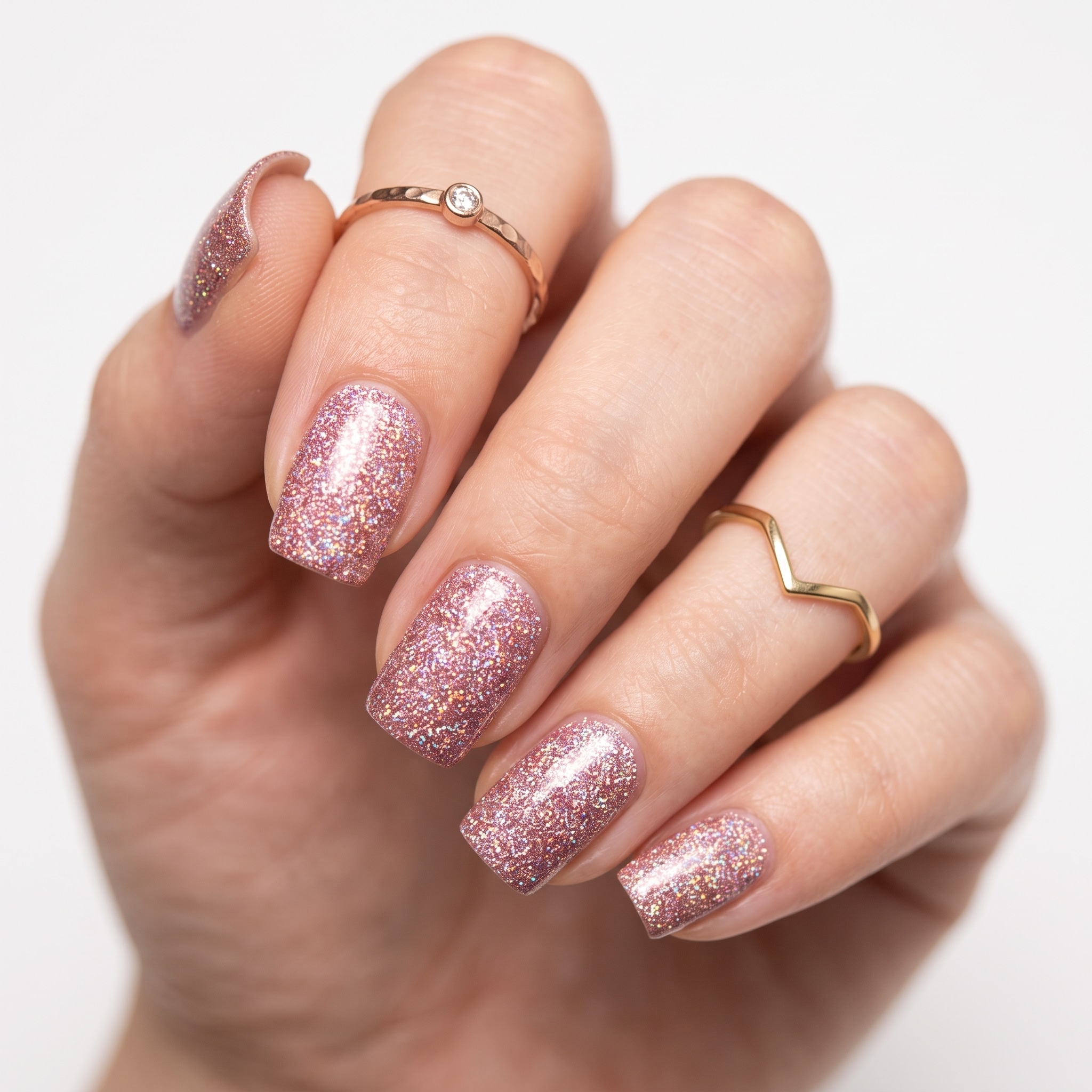 Sheer pink glitter jelly nails with a glossy translucent finish