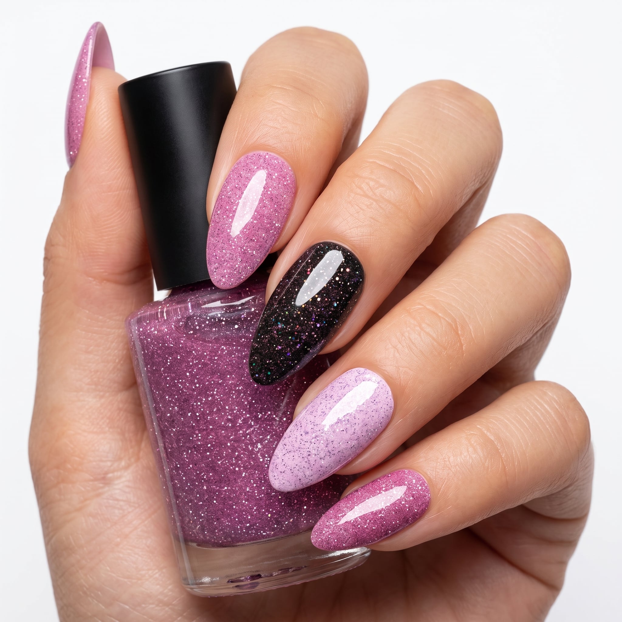 Soft nude pink glitter nails with a subtle sparkling finish