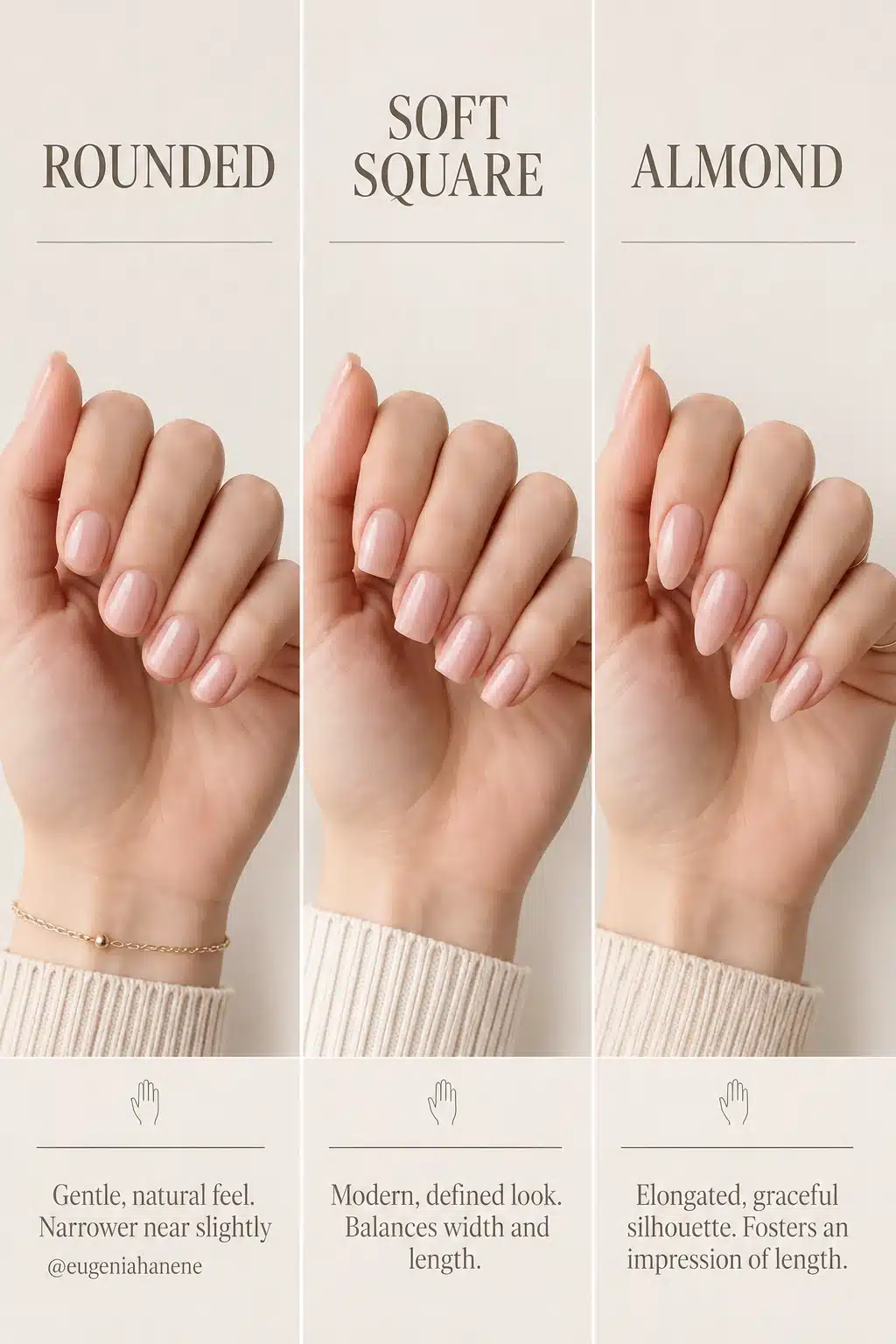 Square and almond nail shapes on short medium and long nails