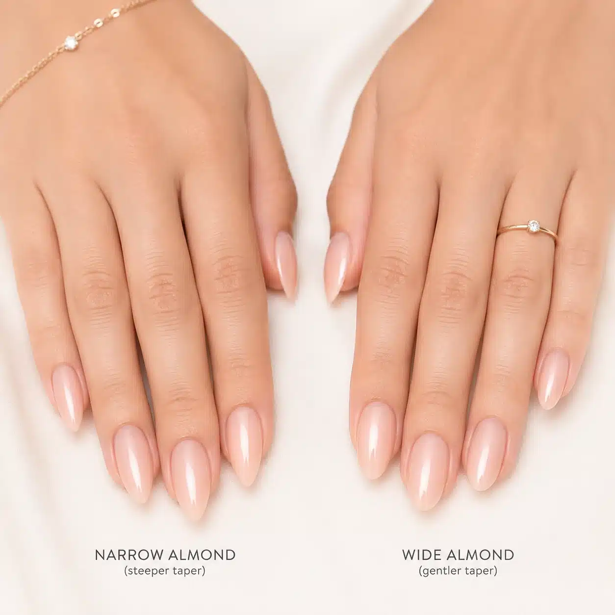 Square nails and wide almond nails on two hands