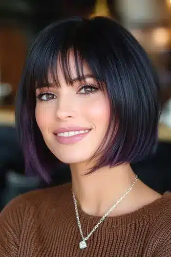 Blunt bob with piecey bangs and purple tips