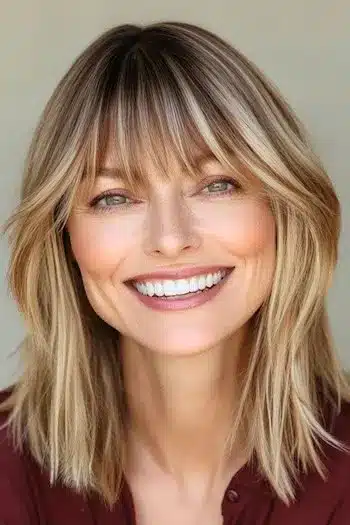 Long highlighted bob with piecey bangs on a smiling woman