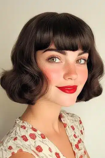 Vintage curled bob with full bangs on a smiling woman