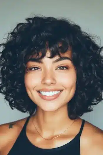 Curly layered bob with bangs on a smiling woman
