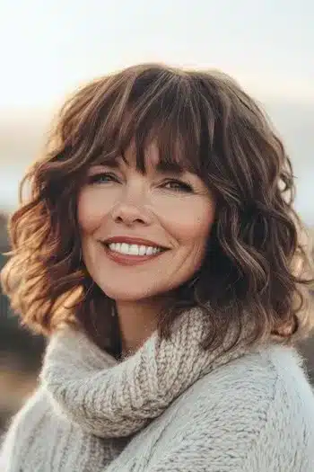 Tousled layered lob with shaggy bangs on a smiling woman
