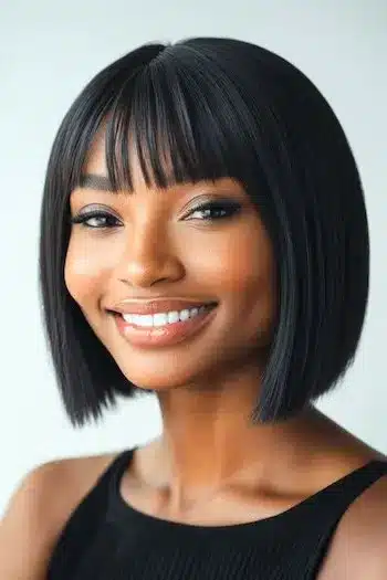 Chin-length blunt bob with piecey bangs on a smiling woman