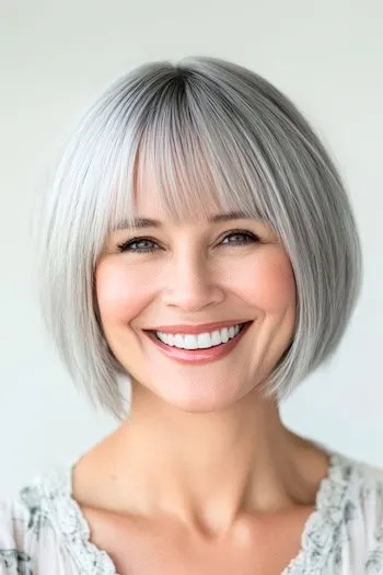 Rounded bob with blunt bangs on a smiling woman