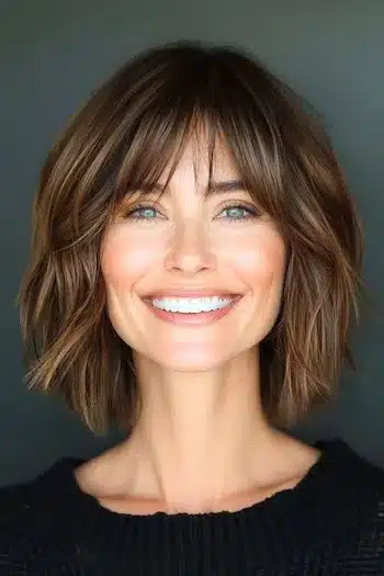 Choppy long bob with bangs on a smiling woman