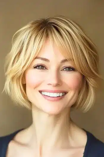 Layered chin-length bob with bangs on a smiling woman