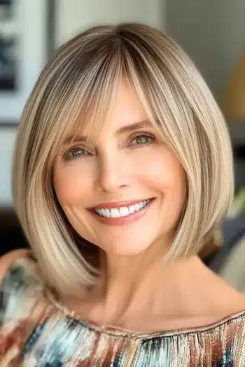 A-line bob with side-swept bangs on a smiling woman