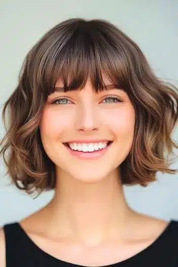 Textured wavy bob with bangs on a smiling woman