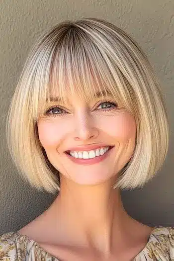 Blonde wispy bob with bangs on a smiling woman
