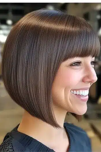 Tapered bob with full bangs on a smiling woman
