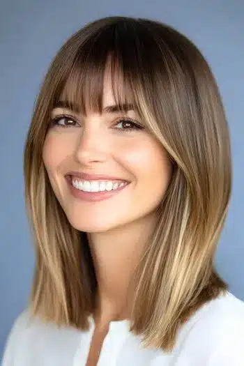 Straight ombre lob with bangs on a smiling woman