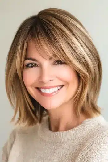 Rounded long bob with bangs on a smiling woman