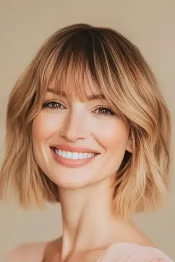 Tousled Blunt Bob with Bangs Haircut on a smiling woman with blondish brown hair.