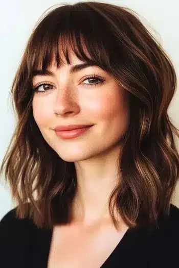 Wavy long bob with bangs on a smiling woman