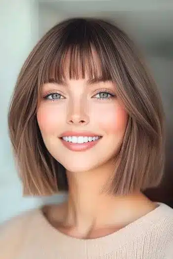 Blunt bob with piecey bangs on a smiling woman