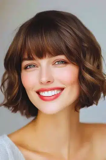 Chin-length wavy bob with bangs on a smiling woman