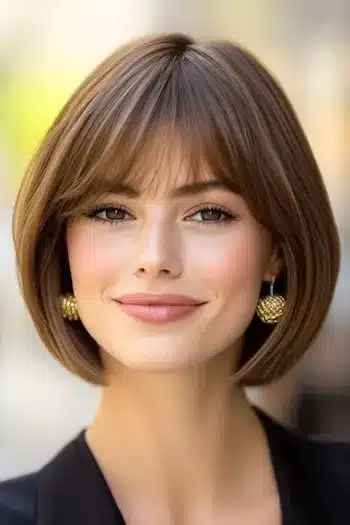 Classic bob with wispy bangs on a smiling woman