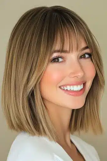 Blunt long bob with wispy bangs and lighter ends