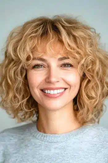 Shaggy long curly bob with bangs on a smiling woman