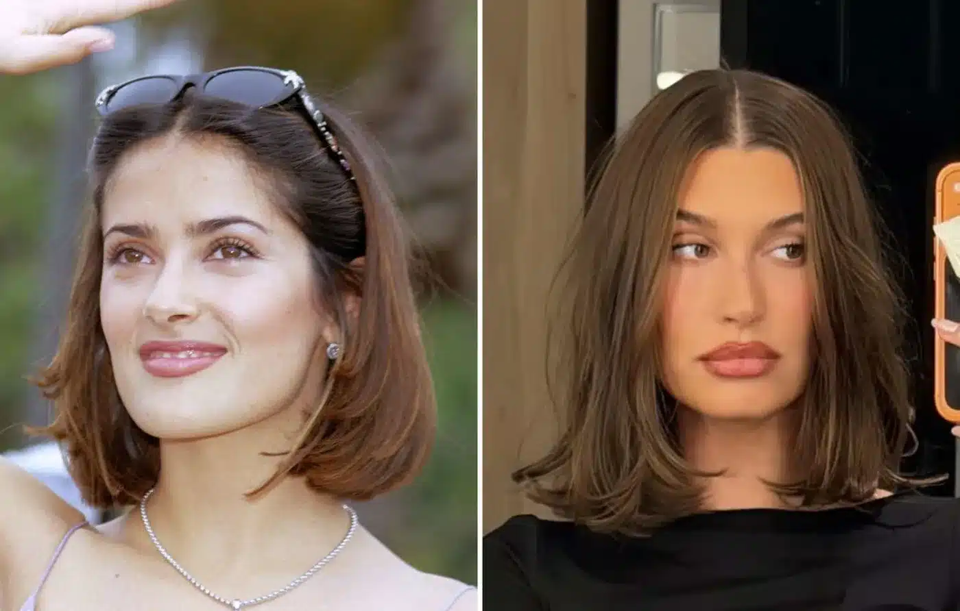 Salma Hayek and Hailey Bieber styling the curved lob included in 13 '90s Bob Trends That Still Look Fresh Today