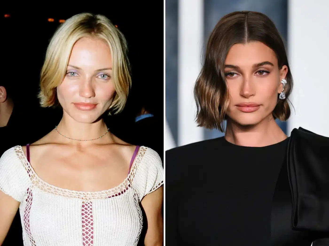 Cameron Diaz and Hailey Bieber wearing the cropped bob from 13 '90s Bob Trends That Still Look Fresh Today