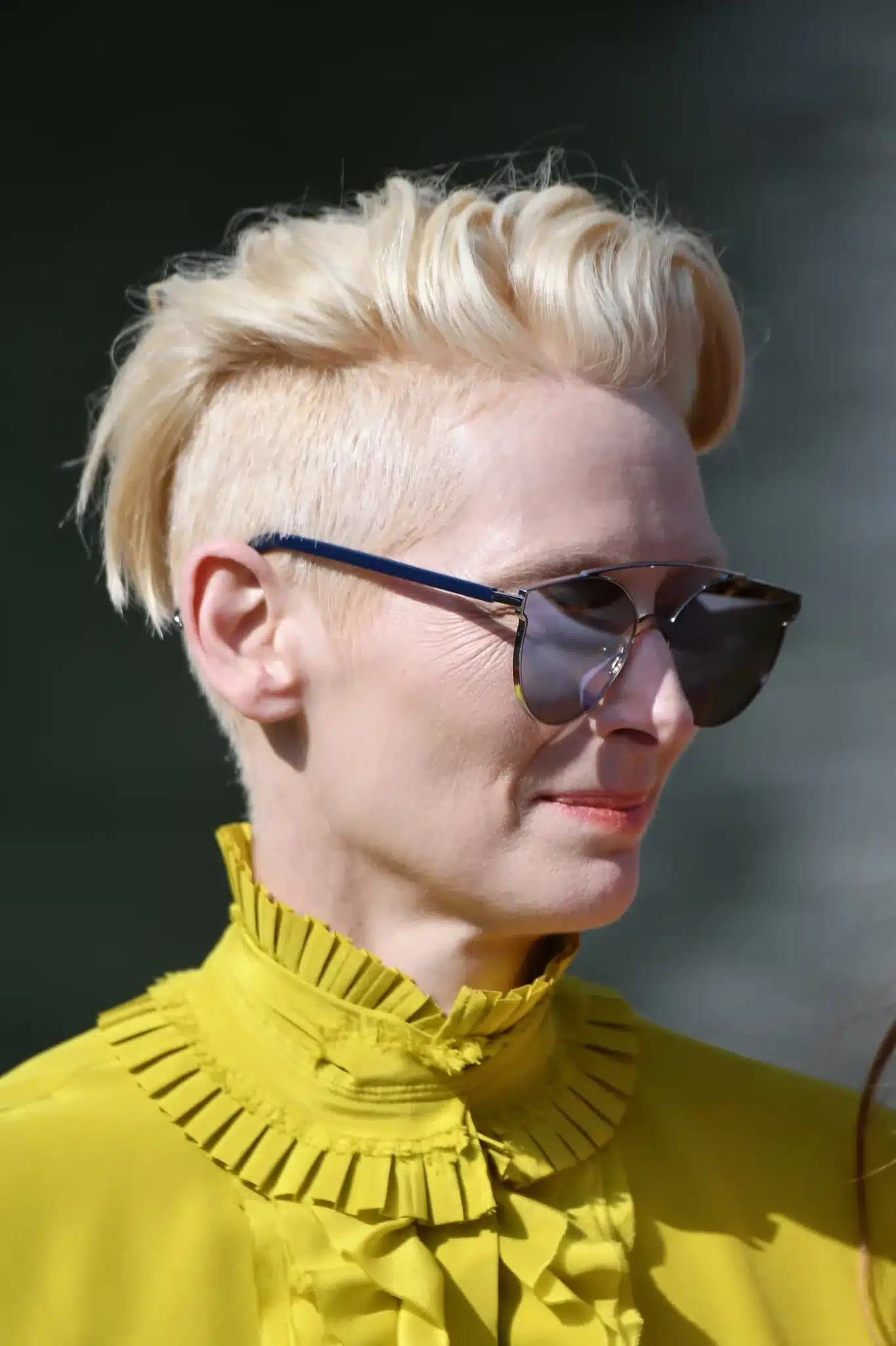 Tilda Swinton with an undercut pompadour short haircut