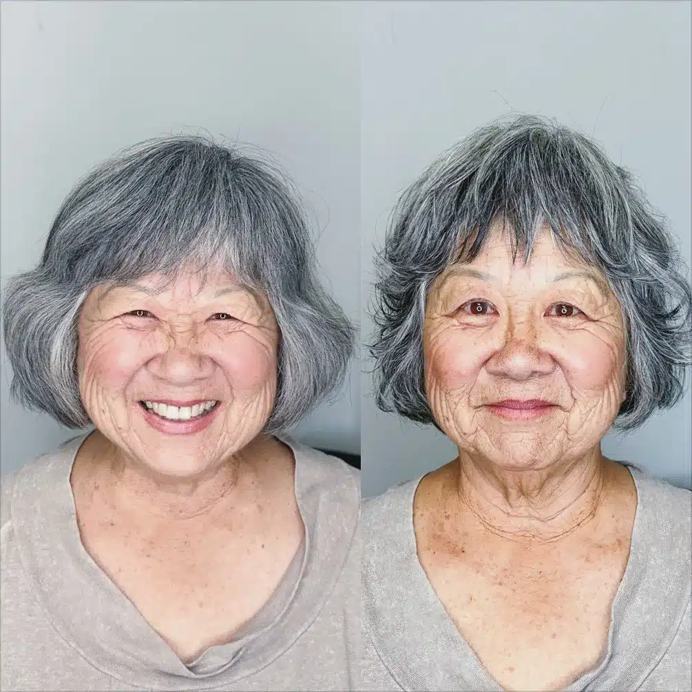 Salt and pepper shaggy bob with wispy bangs