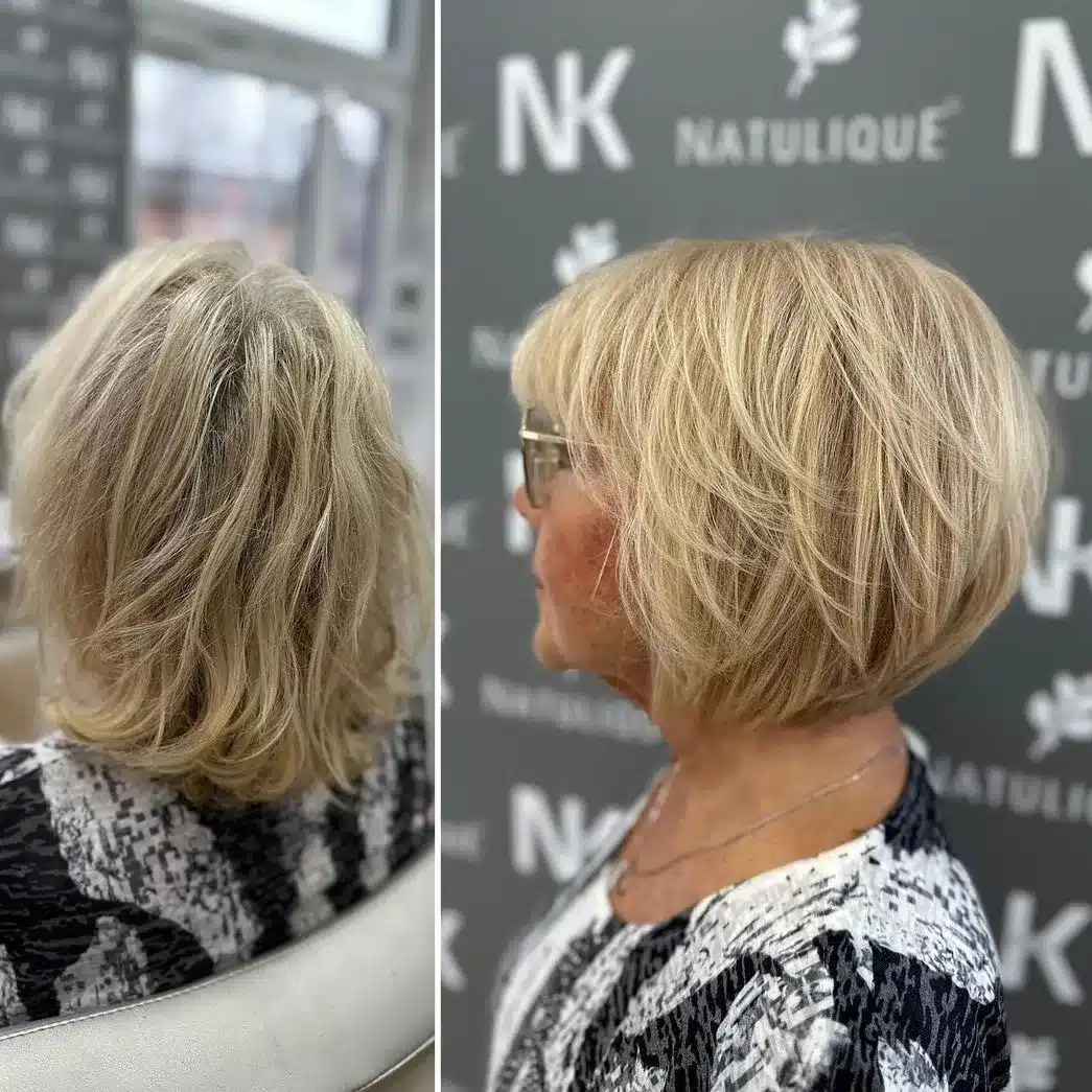 Short feathered bob with bangs for over 50