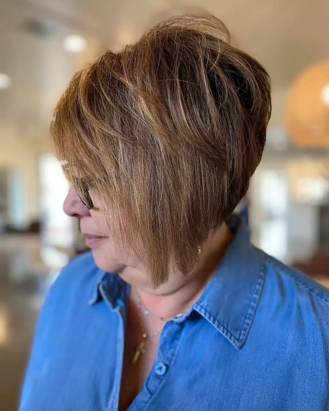 Angled stacked bob with brown balayage