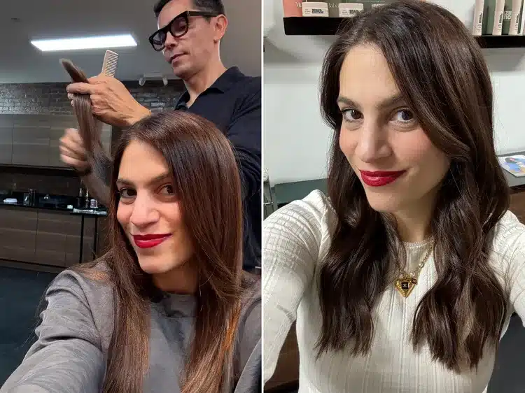 Side-by-side comparison showing Lauren Levinson during and after receiving a dry cut, highlighting why dry cuts are the hair secret I've sworn by for a decade