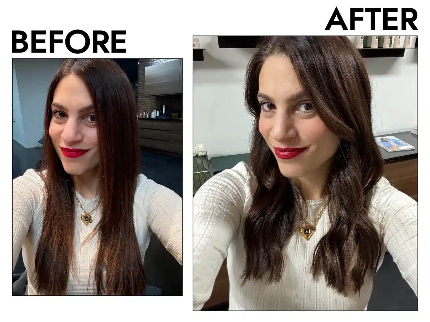 Close-up of Lauren Levinson's hair before and after a dry cut, proving why dry cuts are the hair secret I've sworn by for a decade
